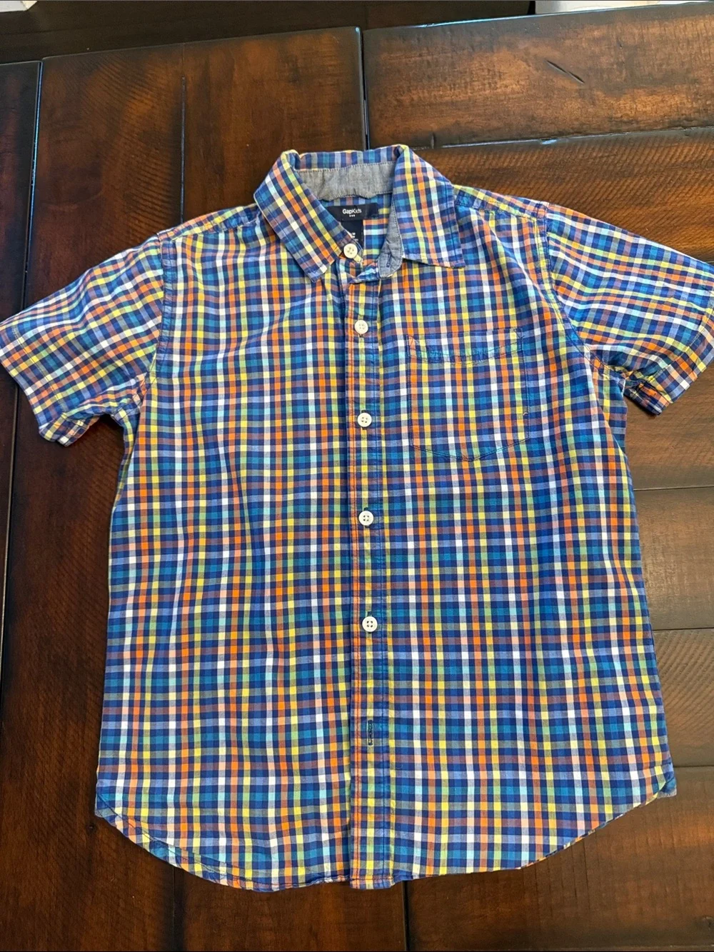 GAP Short-Sleeve Plaid Button-Down Shirt - Blue, Orange, Yellow